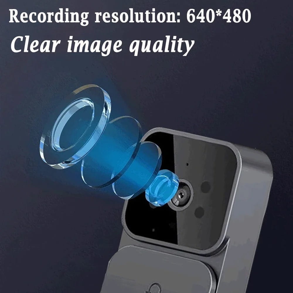 Silver-colored compact square-shaped smart video doorbell with a sleek metallic finish and illustrated lens assembly highlighting optical components featuring a 4.3 inch screen and night vision.