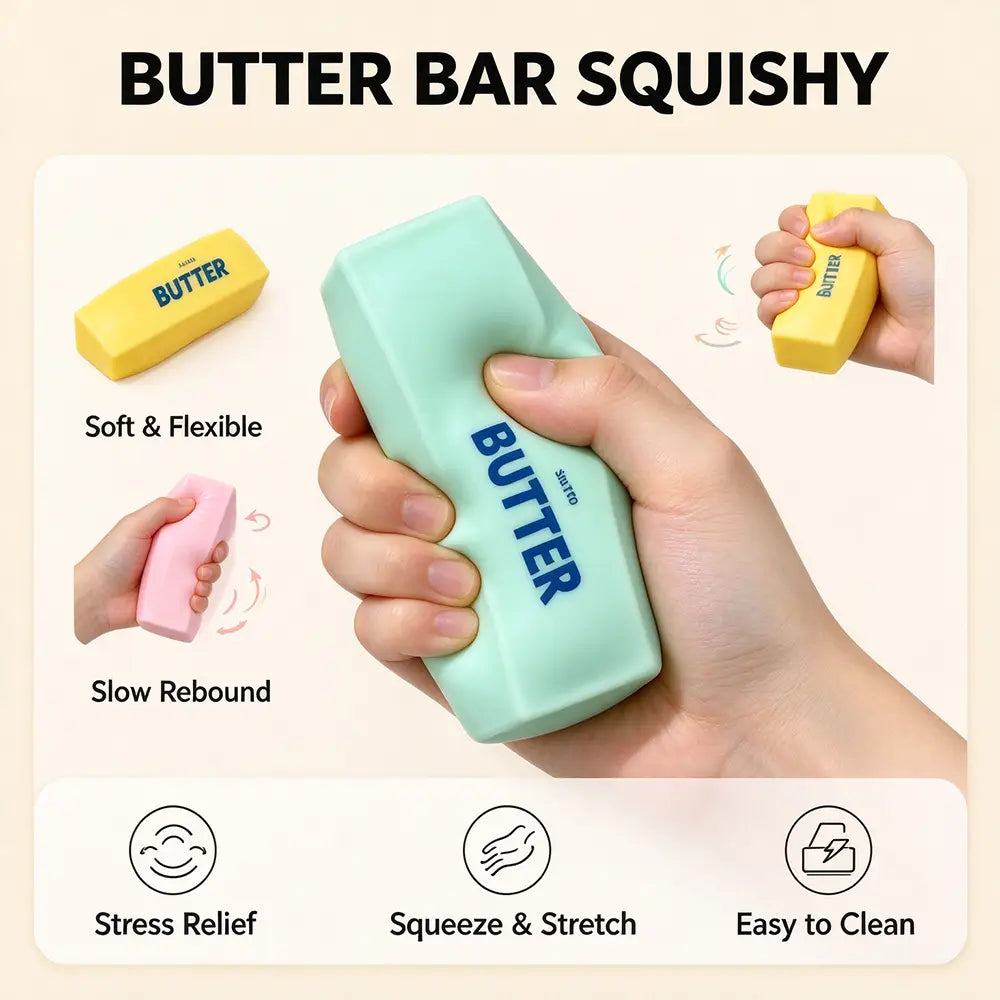 Ein knetbares Sinnes-Fidget-Spielzeug in Mintgrün, geformt wie ein Butterriegel, mit dem Wort „butter“ in Blau bedruckt, zur Stresslinderung.