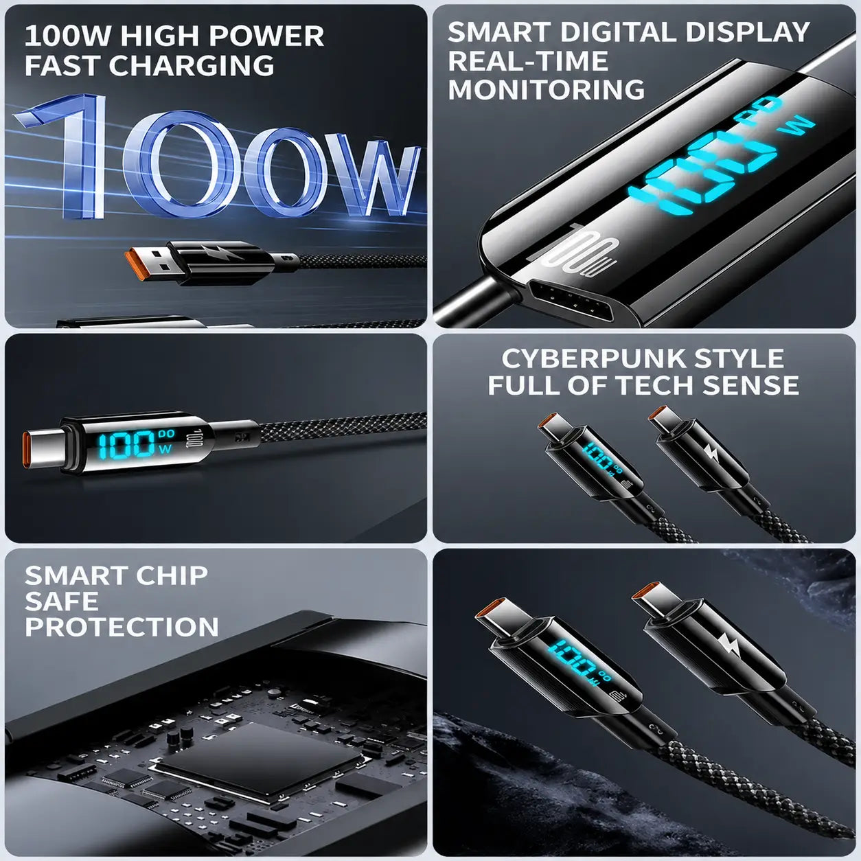 Schwarzes geflochtenes USB-C-Schnellladekabel mit 100-W-LED-Digitalanzeige, die die Ladeleistung anzeigt.