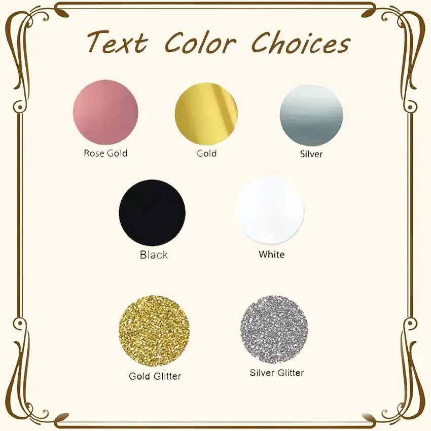 Sélection de six options de couleur de texte pour un étui à lunettes en cuir sur mesure personnalisé pour demoiselle d’honneur, comprenant l’or rose, l’or, l’argent, le noir, le blanc, la paillette dorée et la paillette argentée.