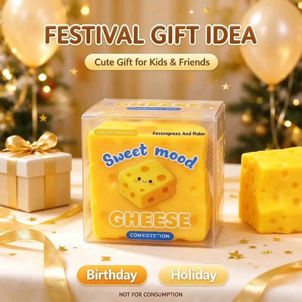 Front view of a yellow cheese-shaped slow rising stress relief fidget squeeze toy with a smiling face in clear packaging