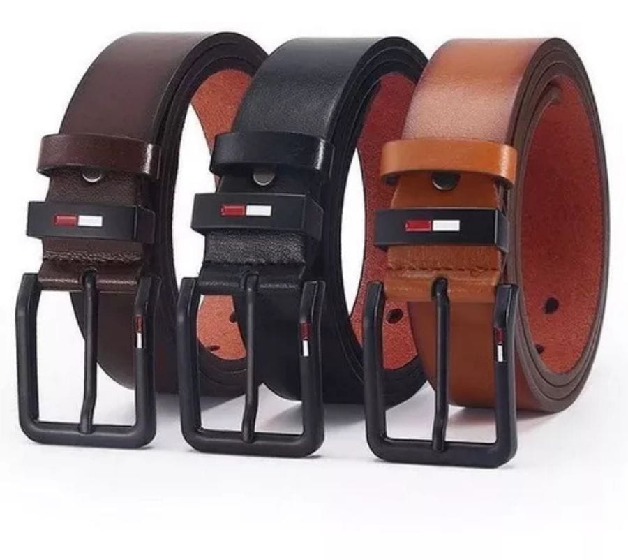 three tommy hilfiger men pu leather business belts in brown black and tan with matching black square buckles featuring the brand’s signature red white and blue logo