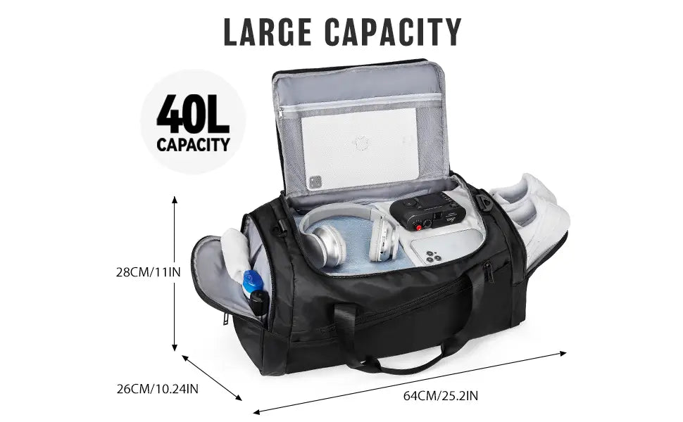 Black waterproof sports gym duffel bag with a gray interior and multiple compartments designed for large capacity storage.