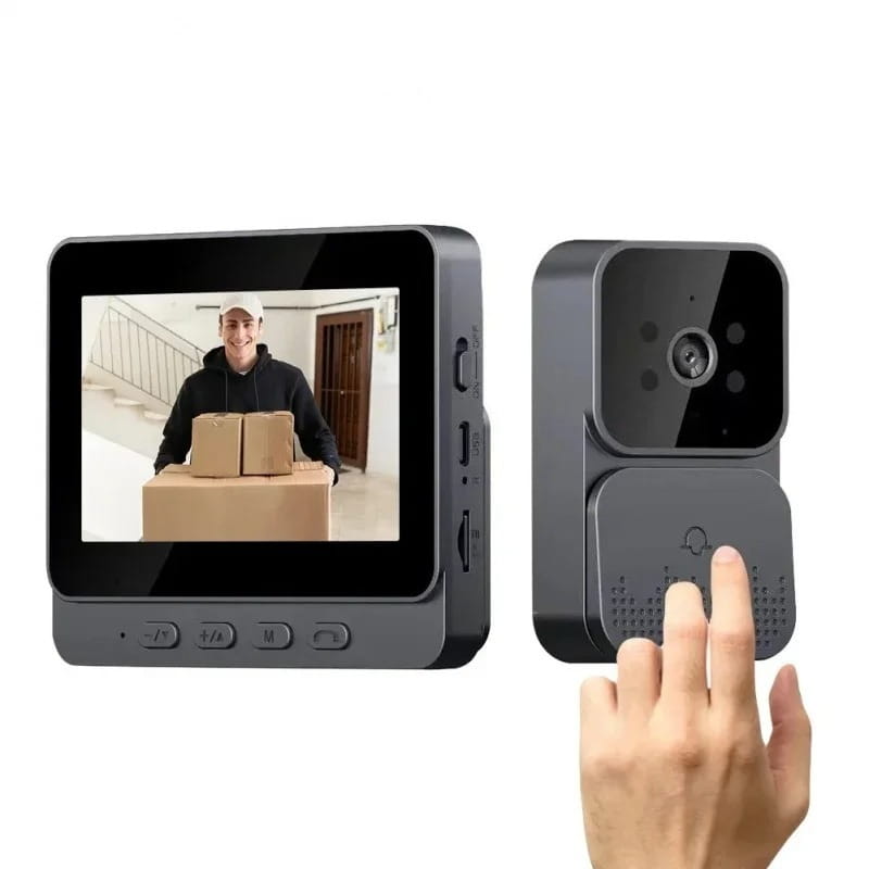 Black smart video doorbell with 4.3 inch touchscreen display and integrated camera module featuring night vision functionality.