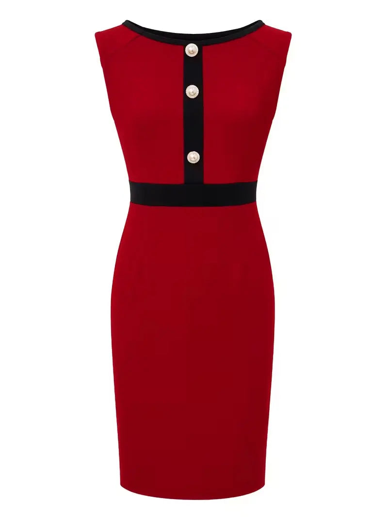 Women Red 2‑Piece Outfit Set Sleeveless Pearl Button Pencil Midi Dress + 3/4 Sleeve Black Trim Bolero Jacket Formal Office Suit