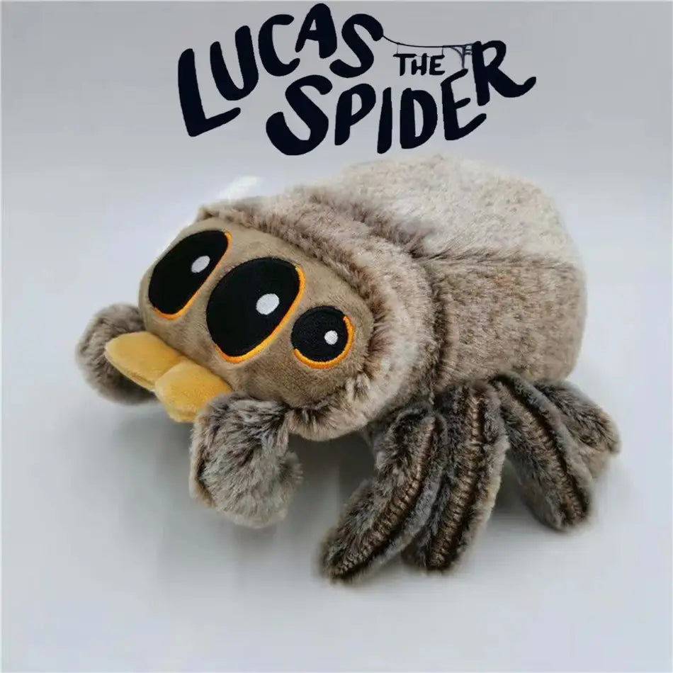 a plush toy cartoon spider stuffed animal doll from mainland china featuring fuzzy gray and brown fur with large black eyes outlined in orange and a yellow mouthpiece.