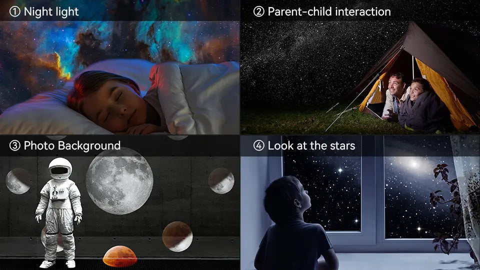 Le collage montre une veilleuse projecteur de galaxie, ciel étoilé, de type planétarium, utilisée comme veilleuse avec un éclairage d’ambiance bleu et rouge pendant qu’un enfant dort et lors d’une interaction parent-enfant à l’intérieur d’une tente.