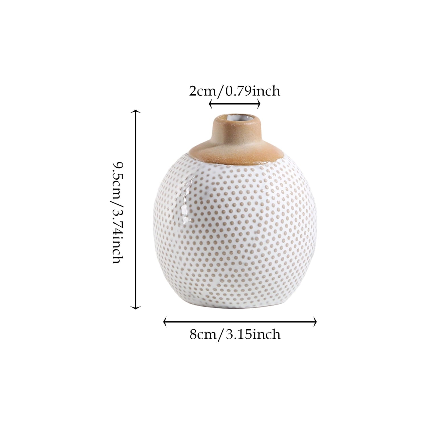 White ceramic flower vase with textured dotted surface and light brown wooden lid for boho tabletop decor.