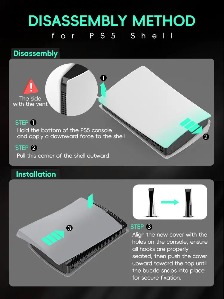 white plastic ps5 disc console replacement shell with black matte trim and ventilation slots designed for ps5 disc drive use