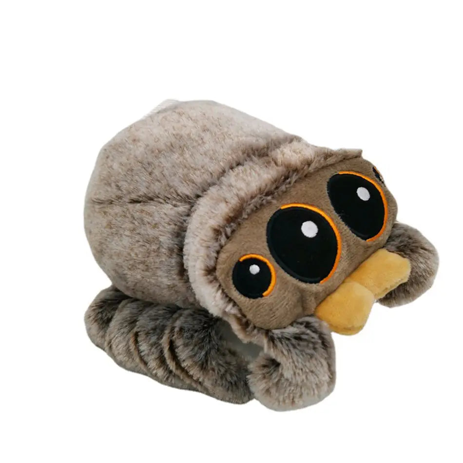 a plush toy cartoon spider stuffed animal doll made in mainland china featuring soft gray fur, large black eyes outlined in orange, and a yellow mouth