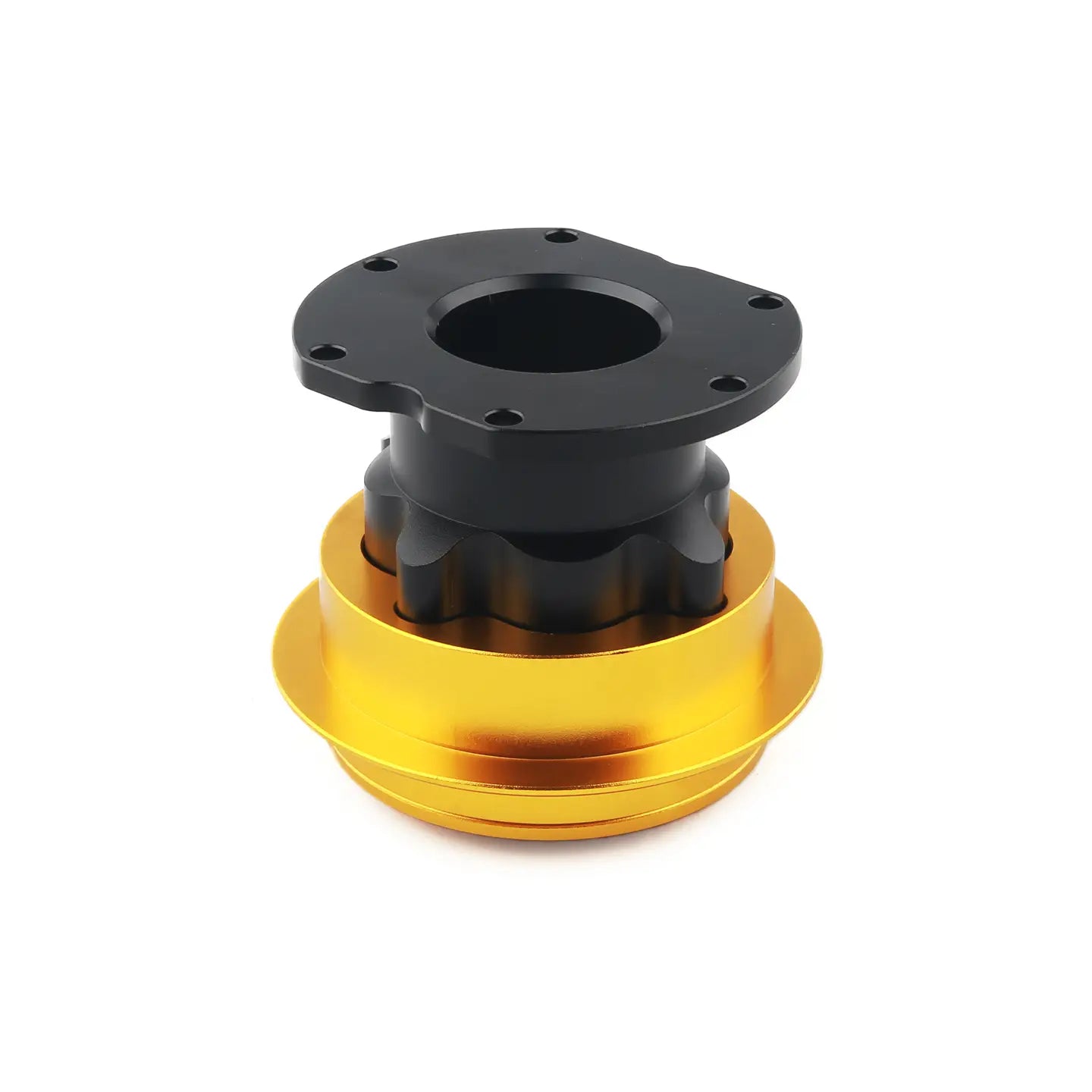Schwarz-goldenes Aluminium-Fanatec Qr2 radseitiges Schnellverschluss-Steckverbindungselement mit einem flanschten oberen Plattenteil.