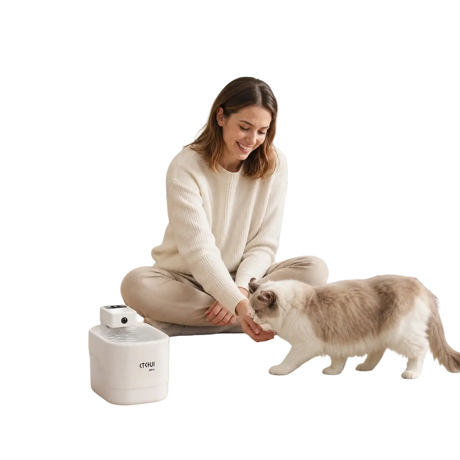 distributeur d’eau intelligent automatique pour animaux de compagnie en céramique blanche au design moderne épuré et à affichage numérique, vu depuis un angle frontal