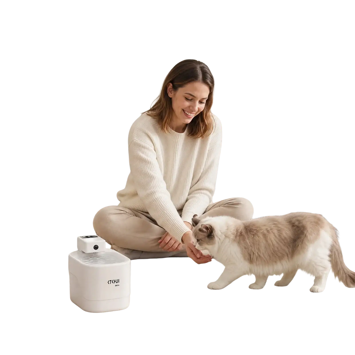 White smart automatic pet water fountain with sleek design and subtle front branding shown from the front angle