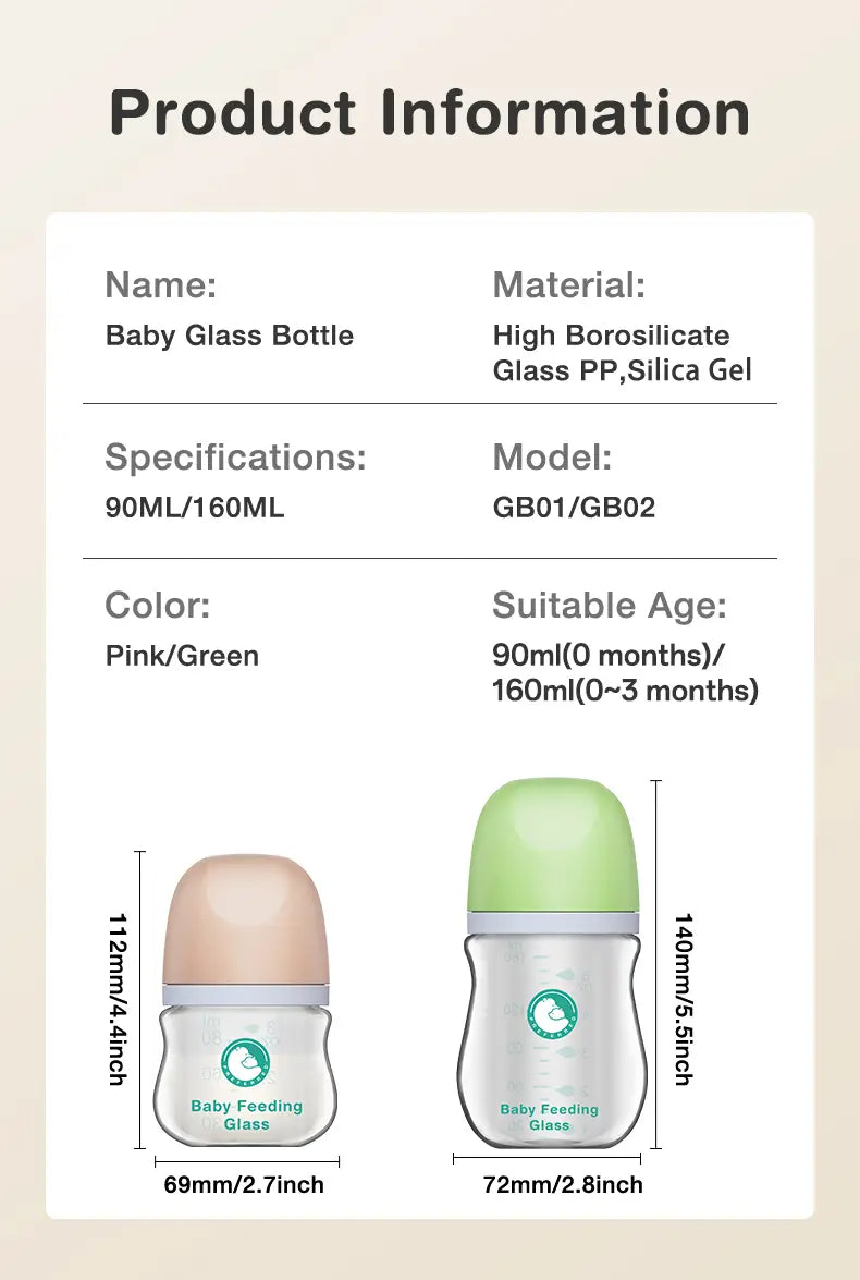 Rosa-grüne Anti-Kolik-Glas-Babiflasche mit klarem hochborosilikatischem Glas-Korpus, PP-Kappe und Silikagel-Einsatz, BPA-frei
