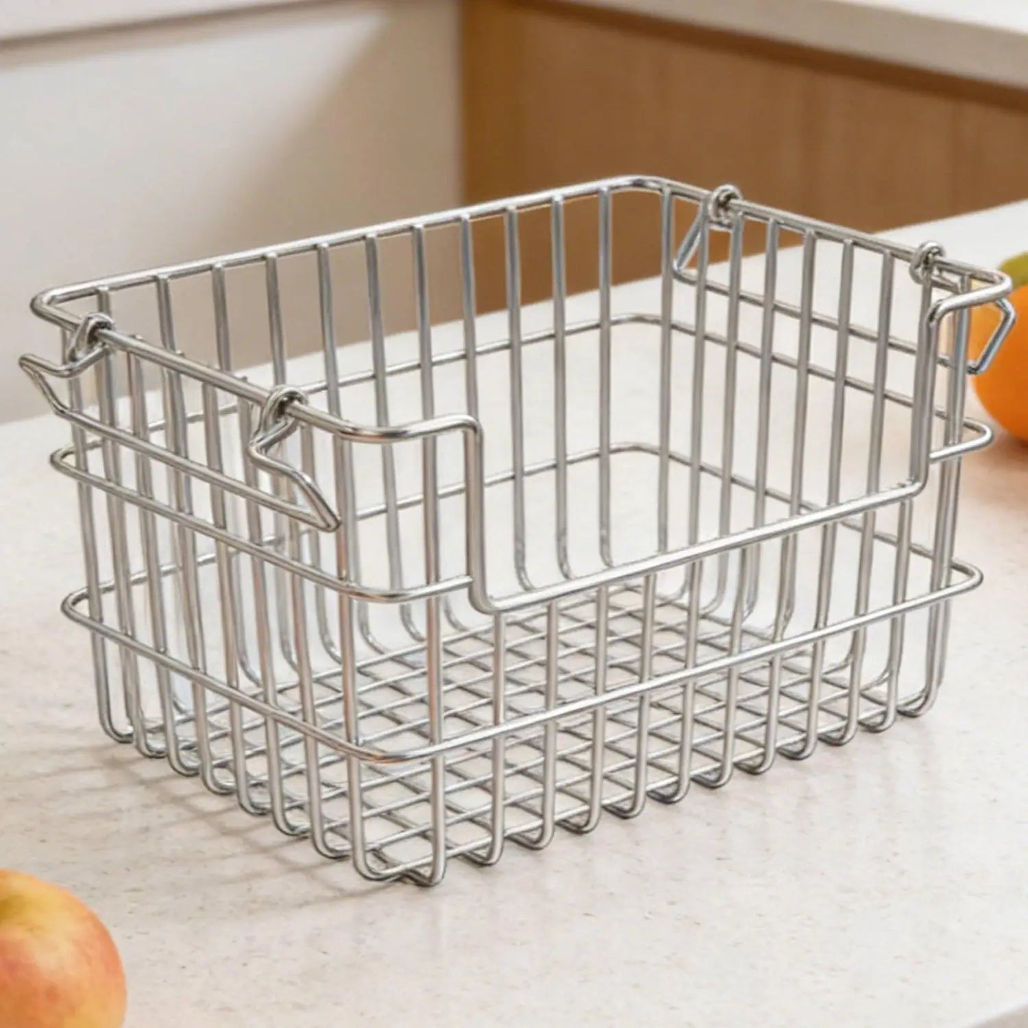 Rectangular stainless steel wire storage basket organizer with reinforced handles and a grid-patterned base for durable and organized storage.