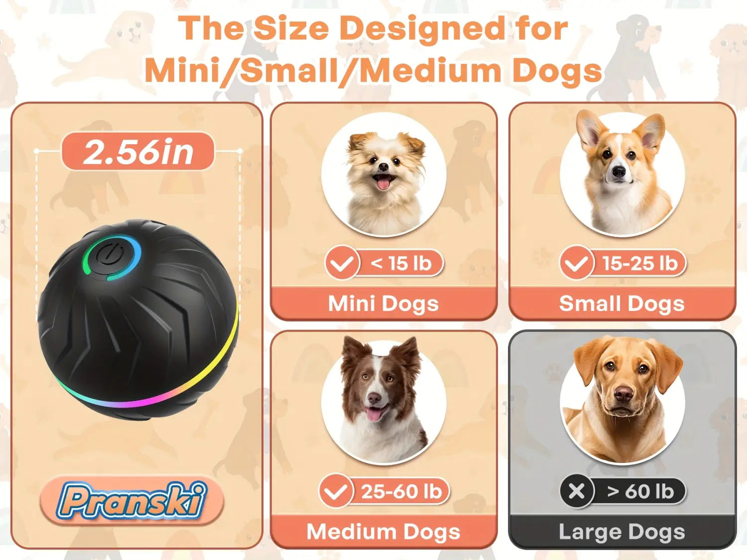black pranski interactive dog toy ball with a textured surface and glowing led lights around its circumference designed as a smart rolling ball interactive dog toy type.