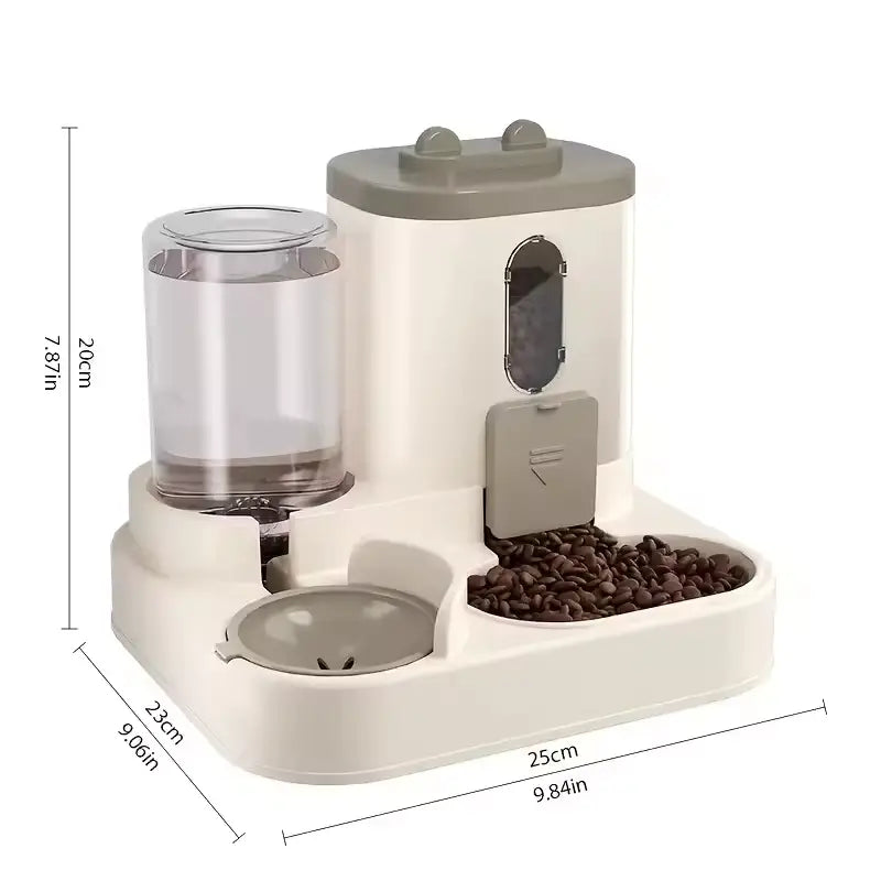 beige and gray dual-compartment automatic dog bowl and water dispenser with a transparent water reservoir and separate food and water bowls for convenient pet feeding.