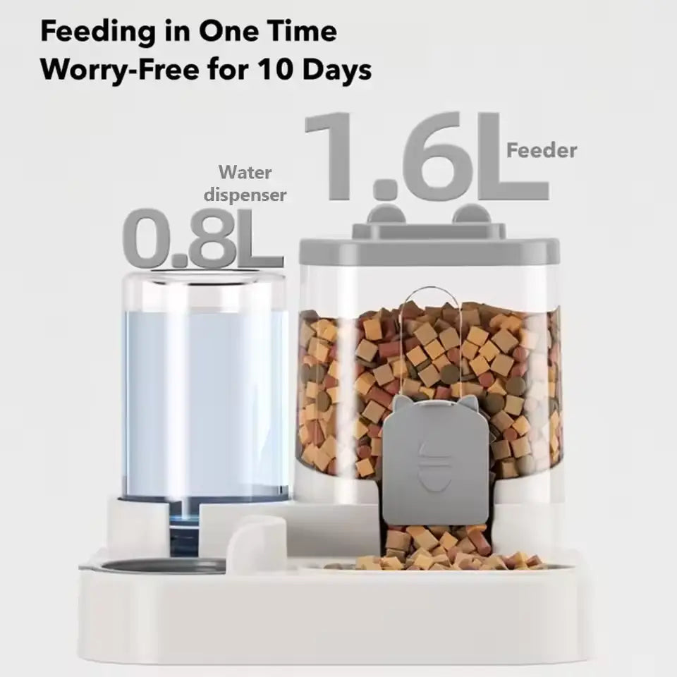 White and gray automatic dog bowl and water dispenser with a 1.6 liter food compartment featuring a cat-shaped dispensing mechanism and an adjacent 0.8 liter water dispenser designed for up to ten days of worry-free feeding.