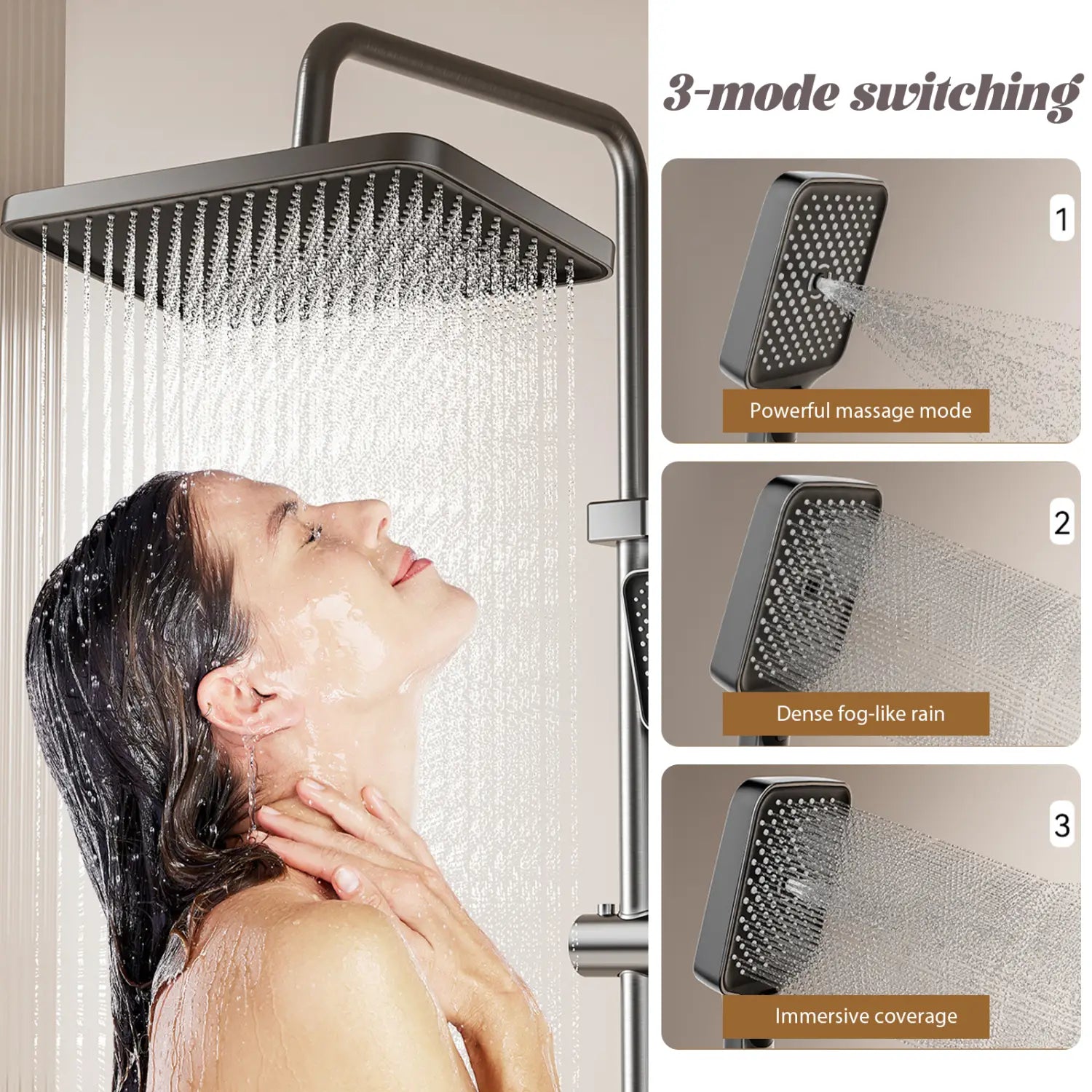 Modernes Regenbrausesystem in matterm Schwarz mit digitaler Anzeige, quadratischem Regenduschkopf und drei unterschiedlichen Sprühmodi für Massage-, Nebelregen-ähnlichen Regen und ein immersives Gesamtwassererlebnis