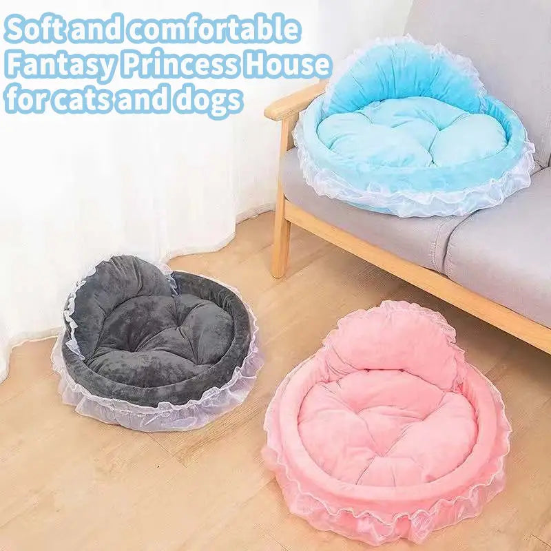 Soft plush heart-shaped pet beds in pastel blue gray and pink with lace trimmings designed for dogs and cats in the princess pink lace pet bed collection.
