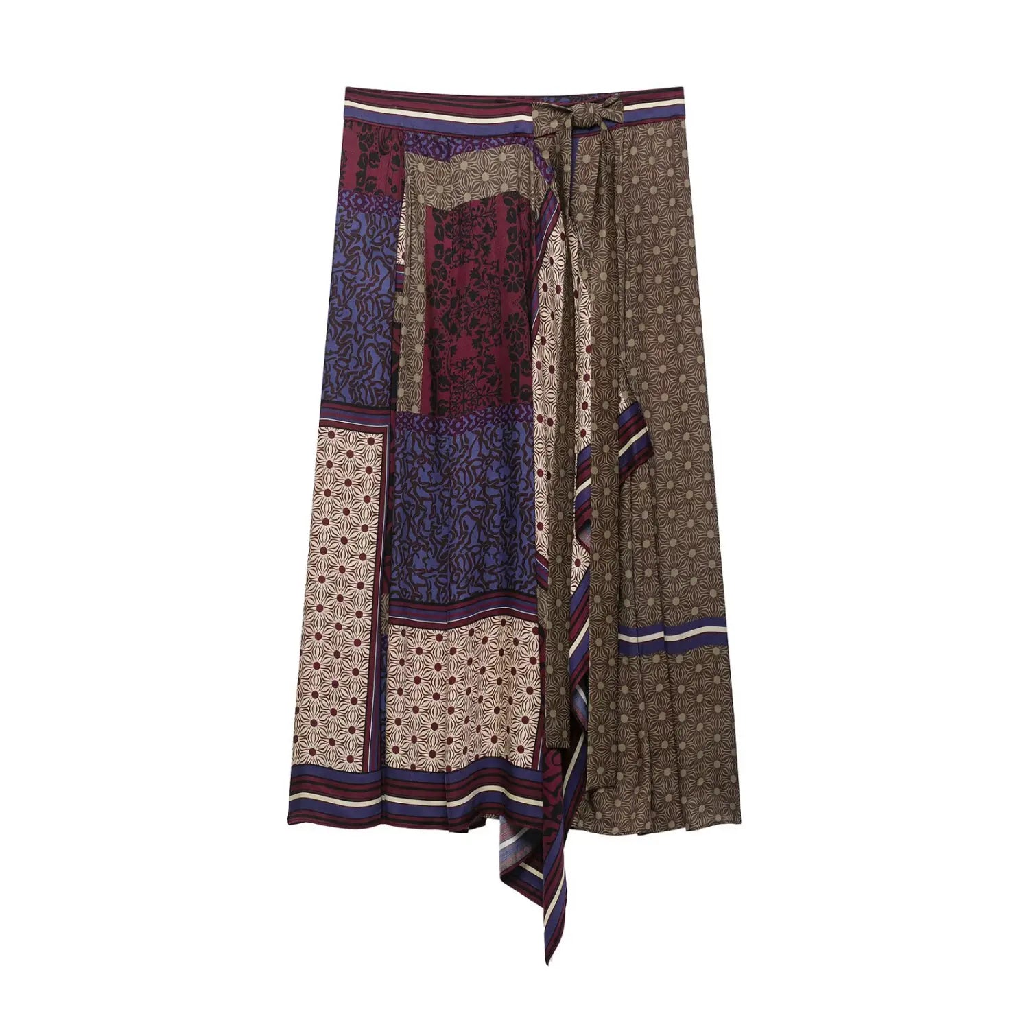 Ein Patchwork-Wickelrock aus dem Boho-Grafikdesign zweierlei Rockset mit satten Burgunder-, tiefen Blau- und Beigetönen sowie aufwendigen geometrischen und floralen Mustern.