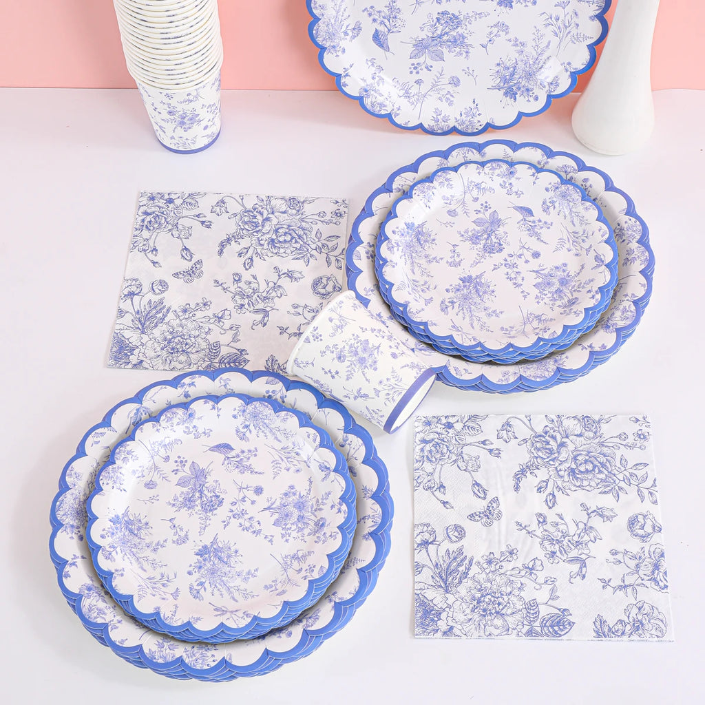 97Pcs Blue and White Porcelain Themed Disposable Tableware Set, Featuring Classic Blue and White Texture with an Elegant Chinese Style Design, Simple, Retro, and High-End. A Complete Set of Dinner Plates, Paper Cups, and Napk