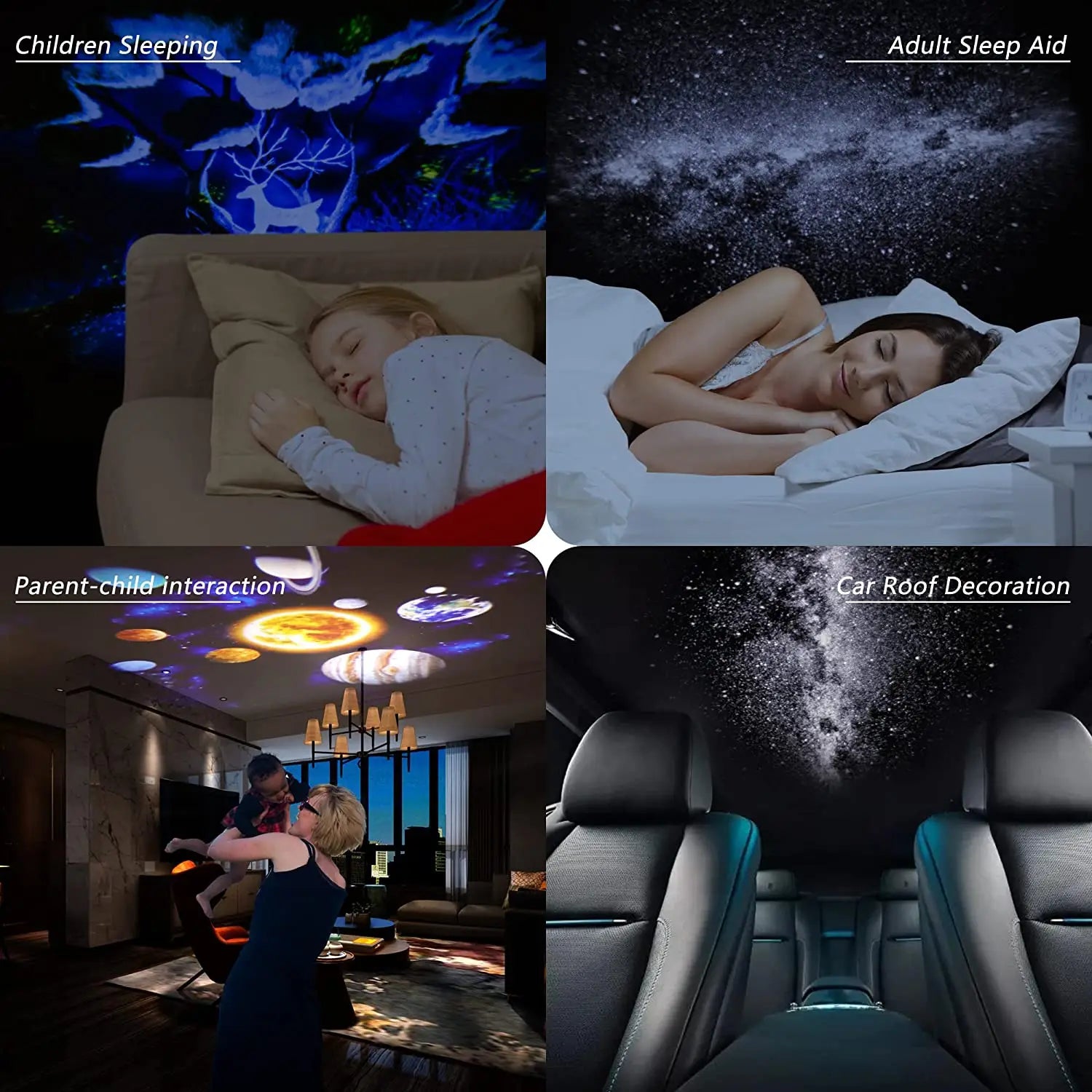 Une veilleuse projecteur de galaxie noire élégante affichant des motifs cosmiques et célestes vibrants pour les lumières d’étoiles et les histoires du soir.