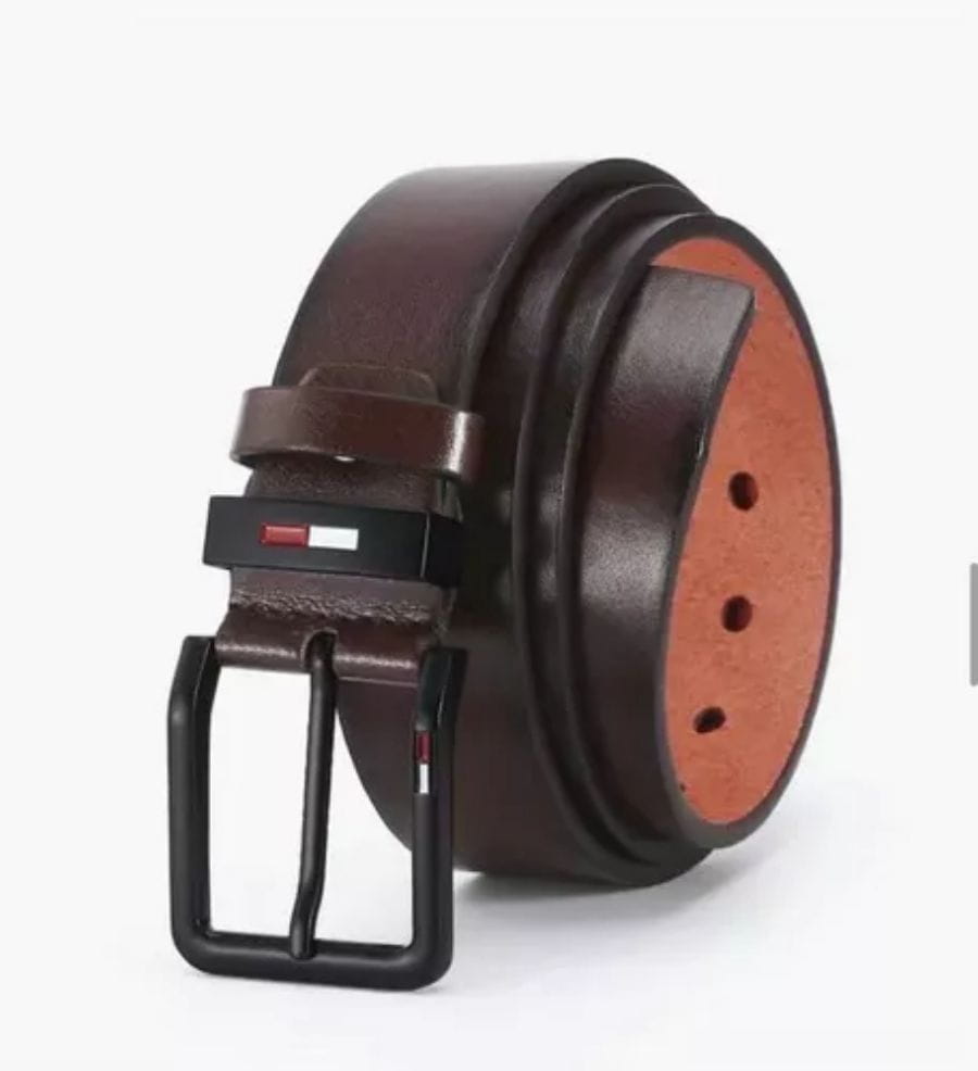 brown pu leather men business belt with a casual square black buckle featuring the tommy hilfiger logo