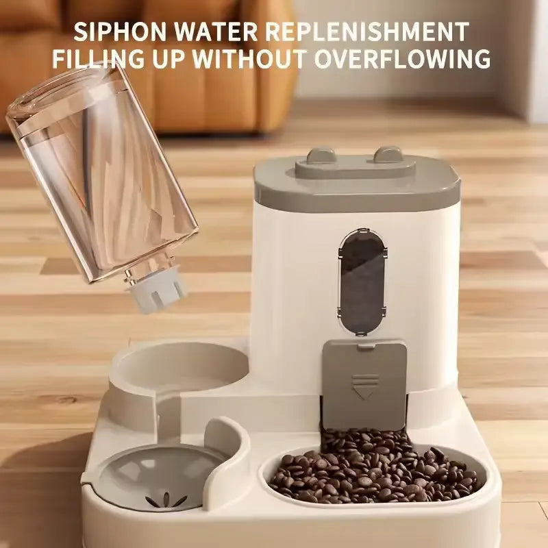 White and gray siphon water replenishment pet feeder with transparent reservoir and dual feeding bowls for automatic dog bowl and water dispenser use