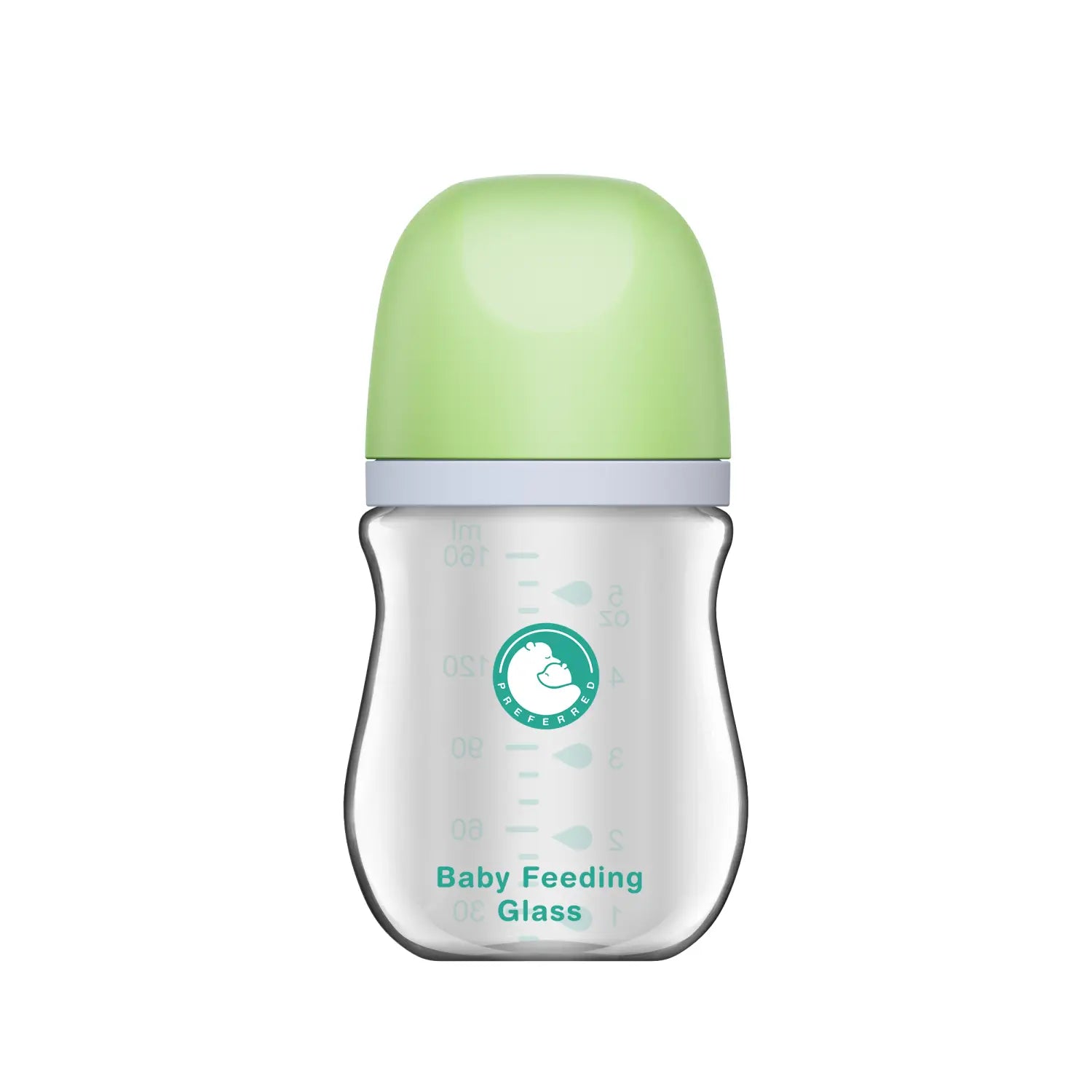 Klare Glas-Anti-Kolik-Babiflasche mit leicht grün abgerundeter Kappe und dezenten Markierungen für die Dosierung, BPA-frei.