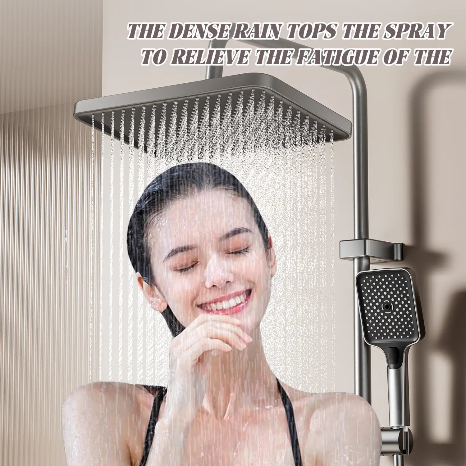 Modernes Regenbrausesystem in matterm Schwarz mit quadratischem Regenduschkopf, digitaler Anzeige sowie Regenduschkopf und passender Handbrause-Düse.