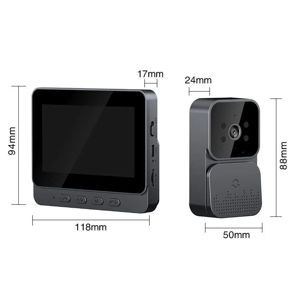 black rectangular smart video doorbell with 4.3 inch screen, night vision, camera lens, and speaker grille measuring 88mm tall by 50mm wide.
