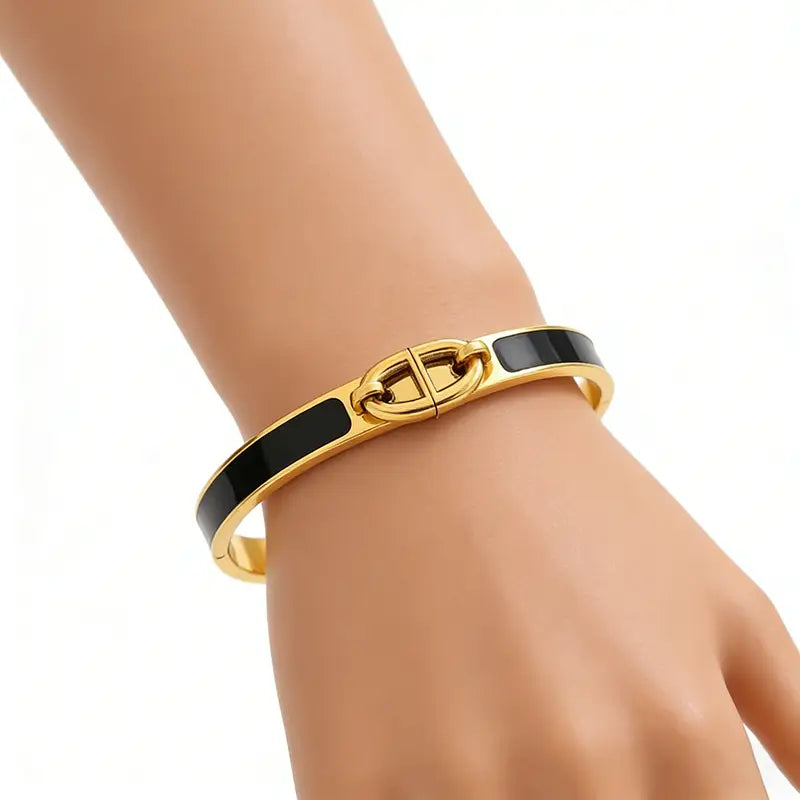 Women h bangle gold enamel minimalist bracelet featuring a gold and black enamel sleek interlocking chain design bangle fashion bracelet.