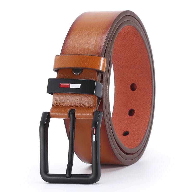 Men pu leather business belt with tan leather strap and black square buckle featuring the Tommy Hilfiger logo for casual and business use.