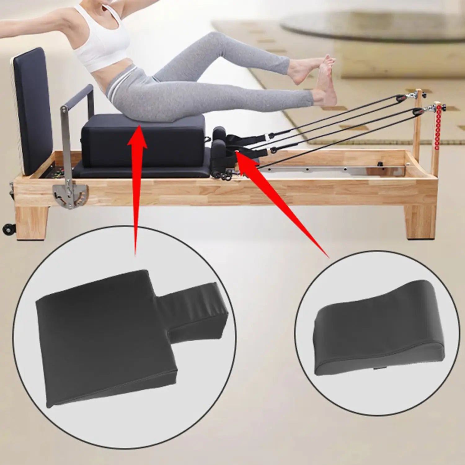 black padded neck support pillow for pilates reformer machine designed to provide ergonomic neck support during exercises