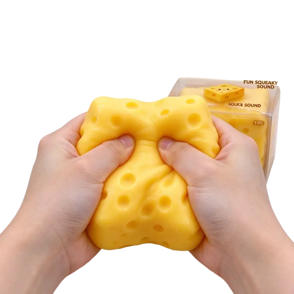 Yellow cheese-shaped slow rising squeeze toy with soft touch and squeaky sound shown from front angle