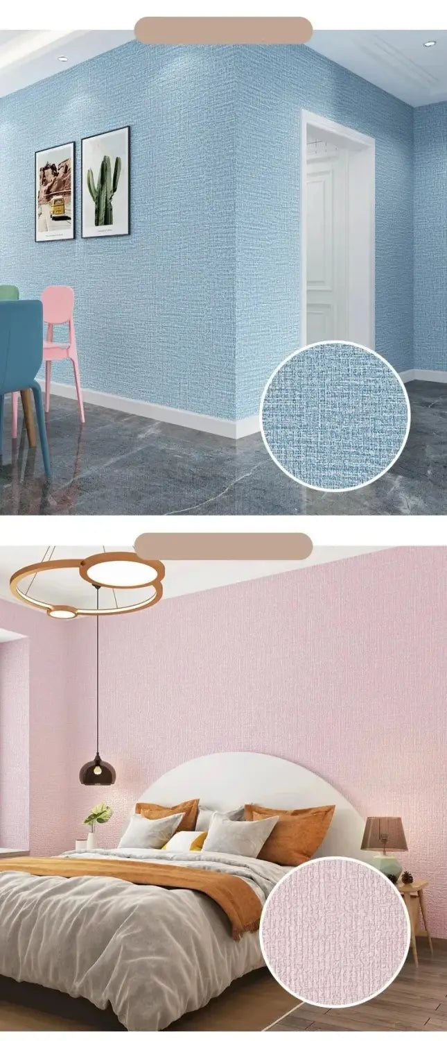Strukturierte blaue und rosafarbene 3D-Leinen-Selbstklebepapiertapeten mit einem dezenten gewebten Muster für Wohn- und Kinderzimmer.