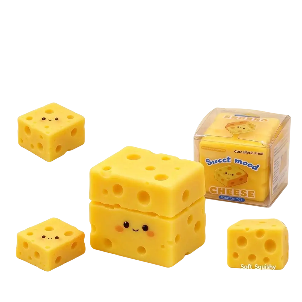 Yellow soft squishy cheese squeeze toy with holes and a smiling face viewed from the front for stress relief