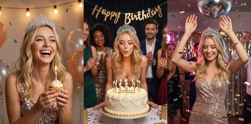 Une femme célébrant son anniversaire lors d'une fête festive, portant une couronne de mariage de tiare de mariage en cristal argent, rehaussée de cristaux argent scintillants.