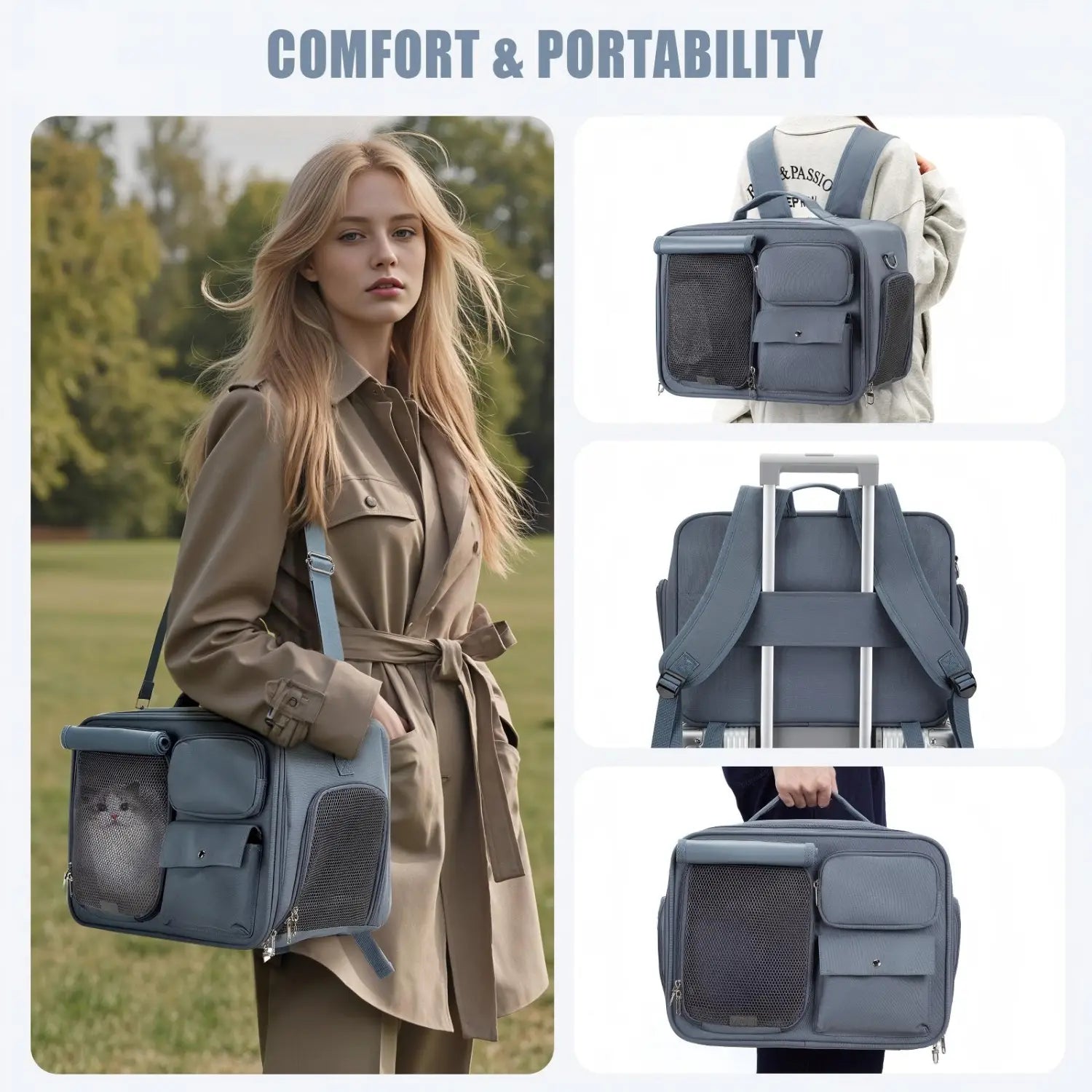 Bolsa de viaje gris para transportar mascotas con laterales de malla y múltiples compartimentos, diseñada para brindar comodidad y portabilidad a gatos y perros pequeños