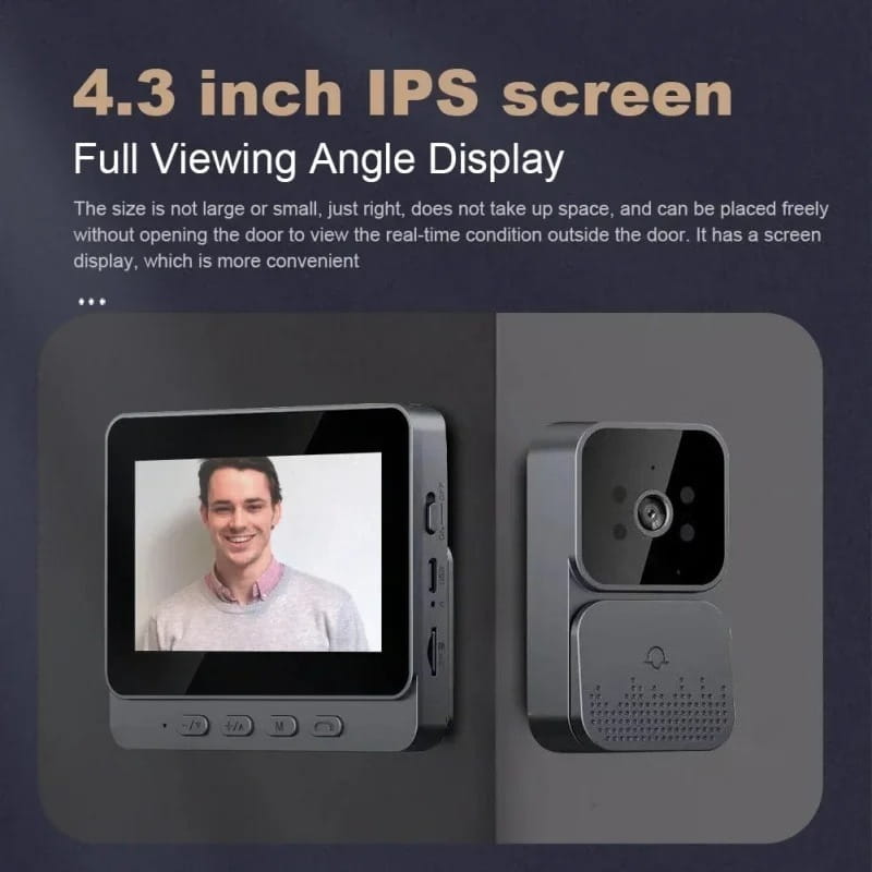 Gray smart video doorbell with 4.3 inch ips screen and integrated speaker for viewing visitors without opening the door featuring night vision.
