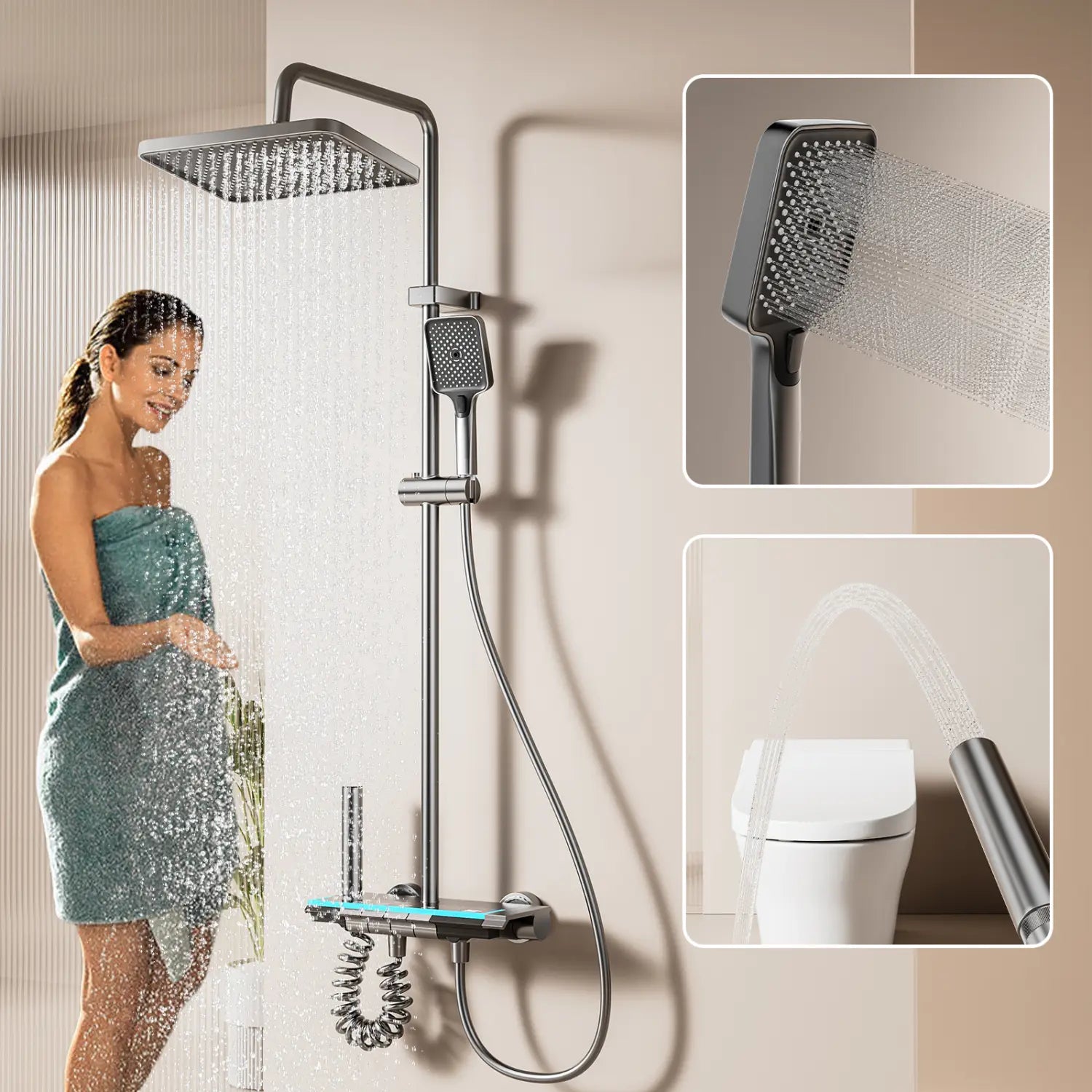 Modernes Regenbrausesystem aus gebürstetem Nickel mit quadratischem Regenduschkopf, abnehmbarer Handbrause mit Düseneinsatz und digitaler Anzeige für ein verbessertes Dusch-Erlebnis.