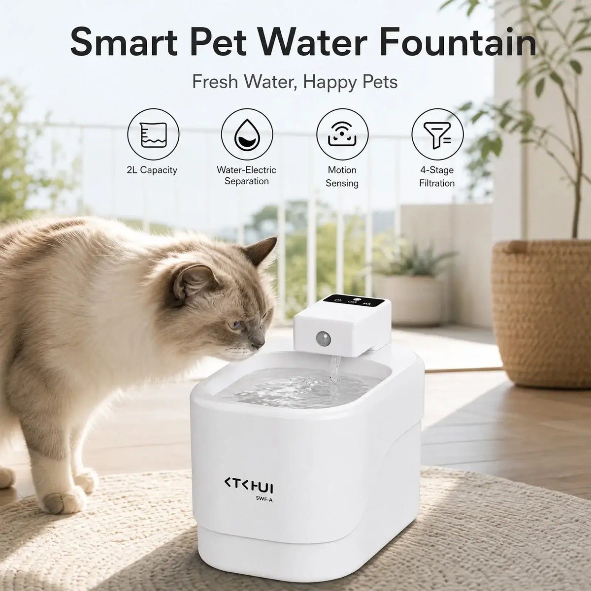 White plastic smart automatic pet water fountain with digital display and motion sensor shown from front angle