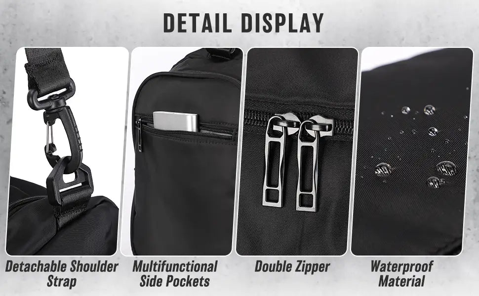 Black nylon waterproof sports gym duffel bag with detachable shoulder strap and double zipper closure.