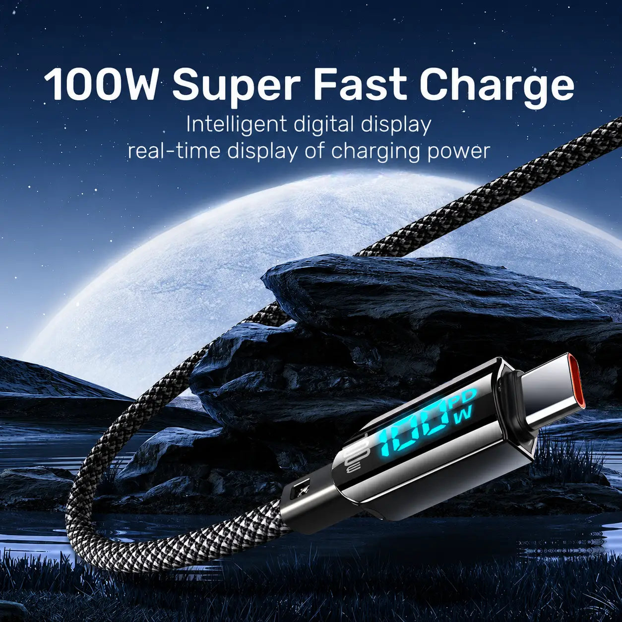 Schwarzes geflochtenes USB-C-Schnellladekabel mit Metallsteckverbinder und intelligenter LED-Digitalanzeige, die 100 W Leistung anzeigt.