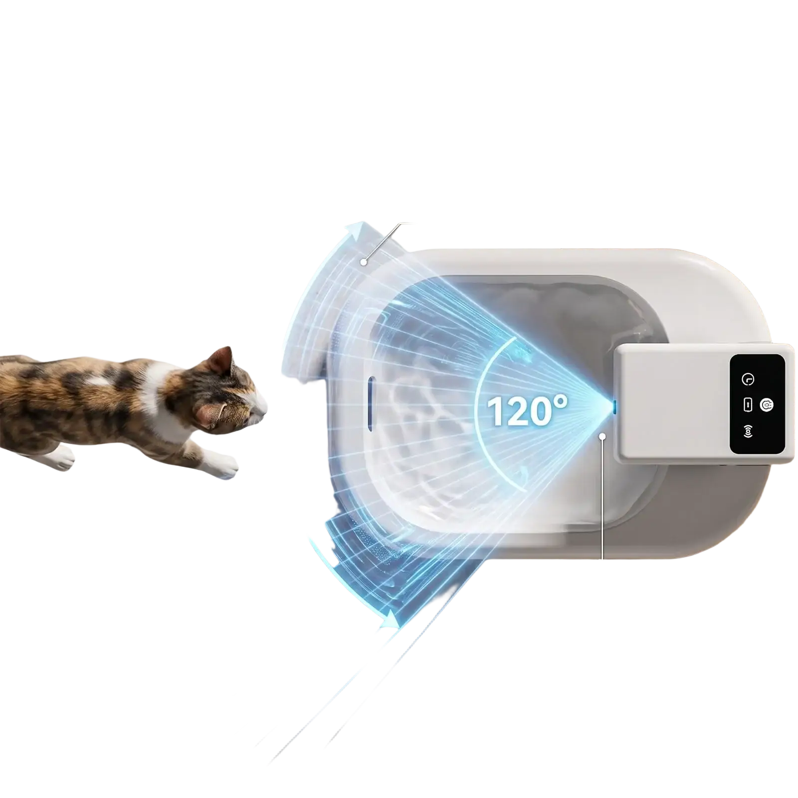 Distributeur d’eau intelligent automatique pour animaux de compagnie en plastique blanc avec un angle de couverture de 120 degrés et un panneau de commande numérique, vu de face.
