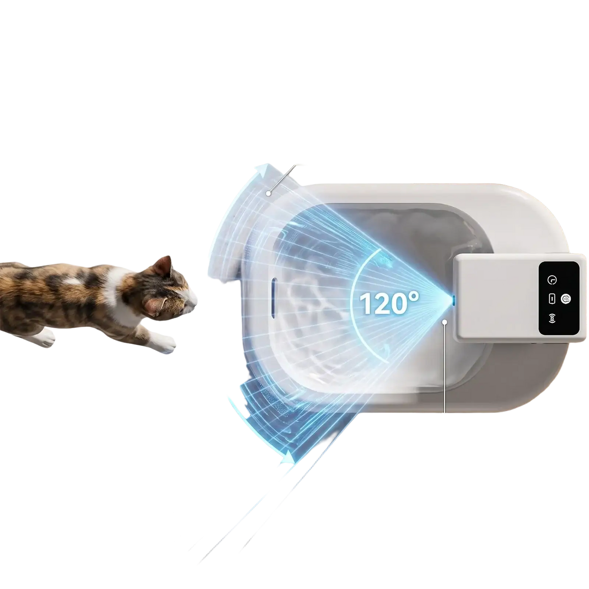White smart automatic pet water fountain with 120 degree induction flow and digital control panel front view