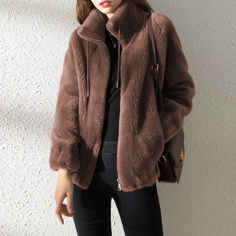 Female Winter Jacket Thickened Double-sided Velvet Stand-up Collar Warm Retro Style Elegant Short Women's Cardigan Clothes