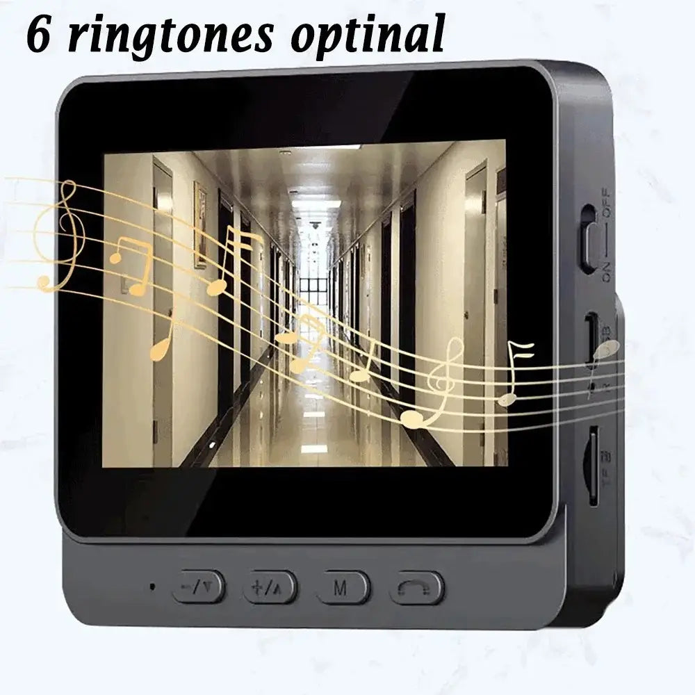 Gray rectangular digital music player with a touchscreen displaying a hallway scene and musical notes featuring physical buttons below the screen, part of the smart video doorbell 4.3 inch screen night vision product.
