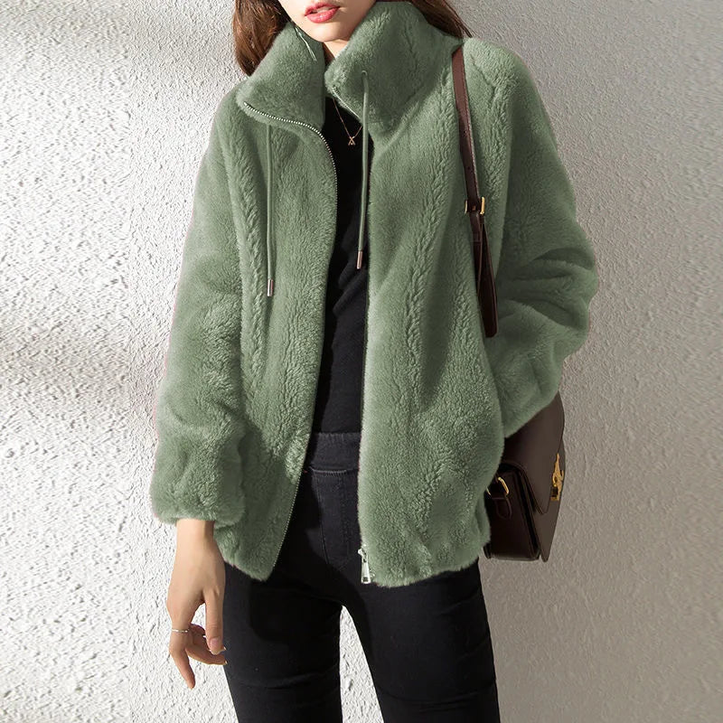 Female Winter Jacket Thickened Double-sided Velvet Stand-up Collar Warm Retro Style Elegant Short Women's Cardigan Clothes